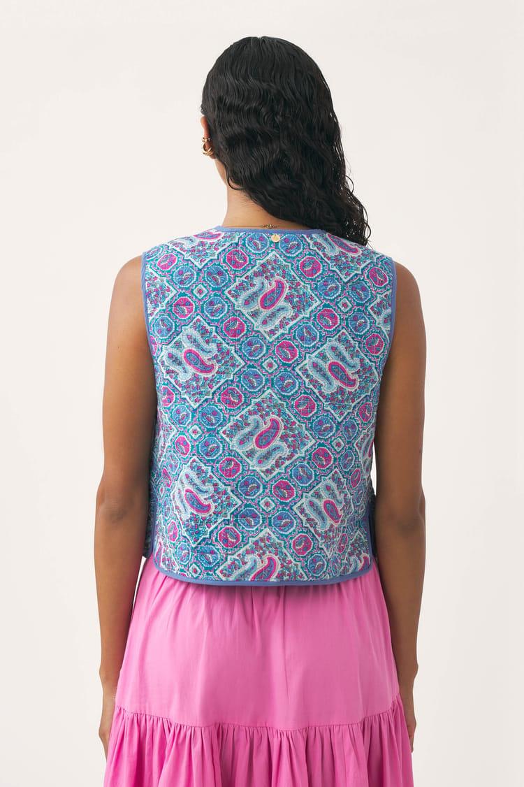 Antik Batik Gilet Bleu En Coton Quilté Imprimé Au Block Print