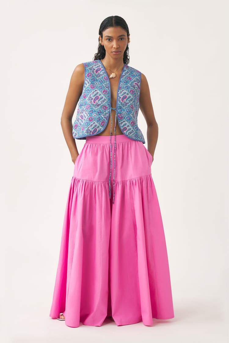 antik batik Gilet bleu en coton quilté imprimé au block print