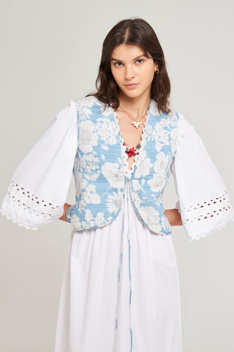 Antik Batik Gilet Court Bleu Sans Manches Imprimé Floral XL