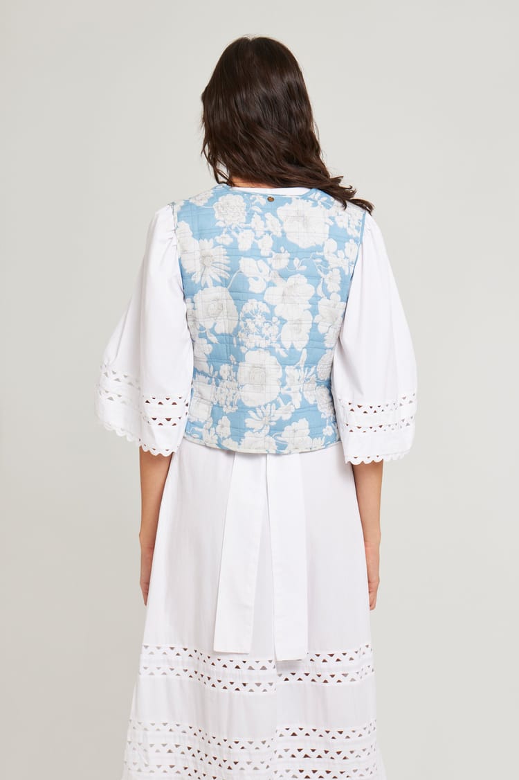 Antik Batik Gilet Court Bleu Sans Manches Imprimé Floral XL