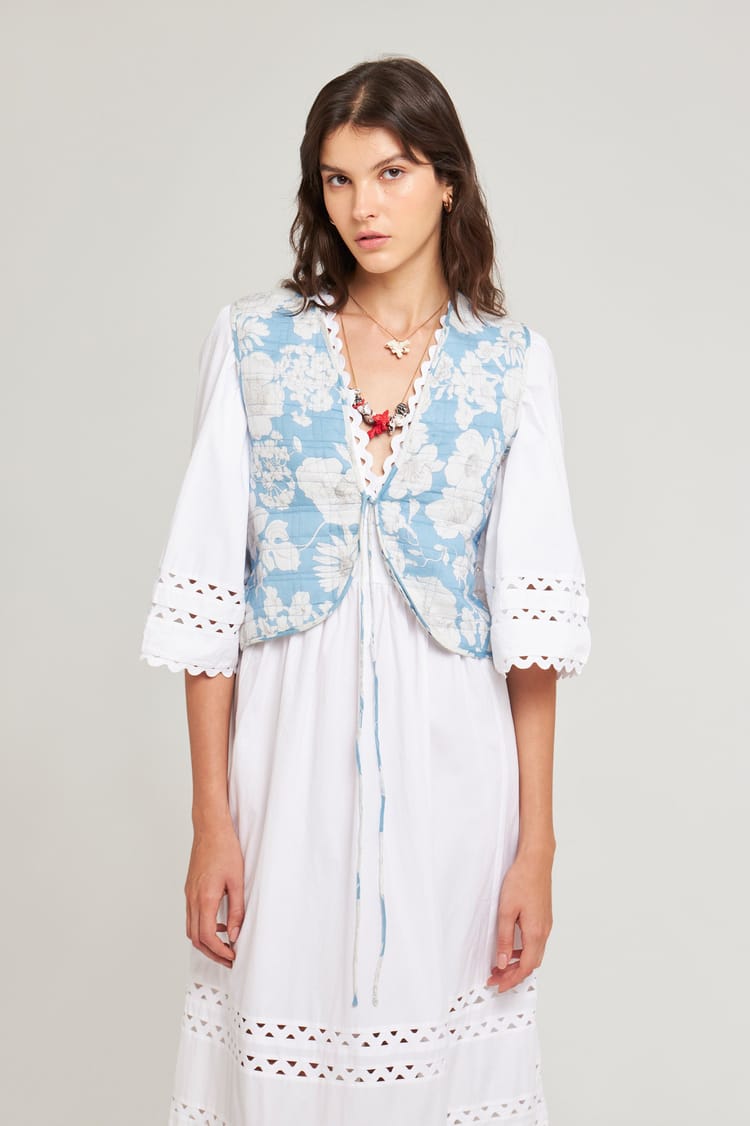 antik batik Gilet court bleu sans manches imprimé floral XL