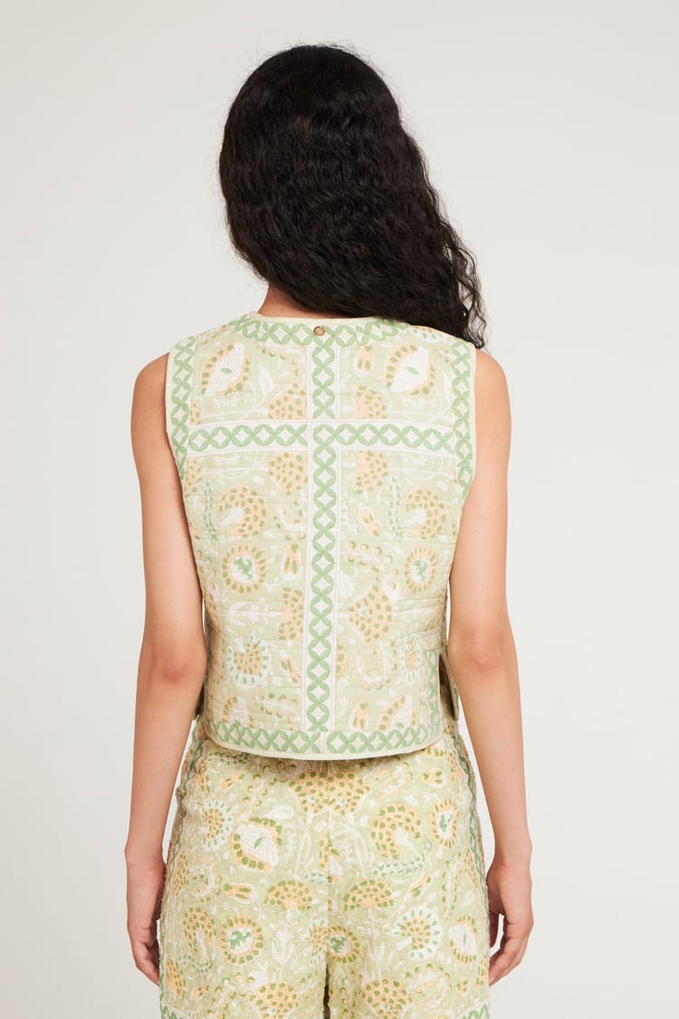 Antik Batik Gilet Court Sans Manches Kaki En Voile De Coton