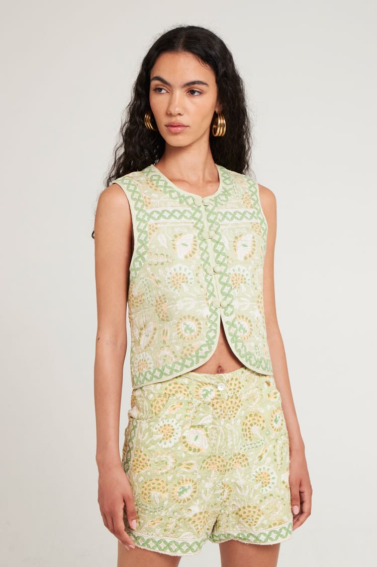 antik batik Gilet court sans manches kaki en voile de Coton