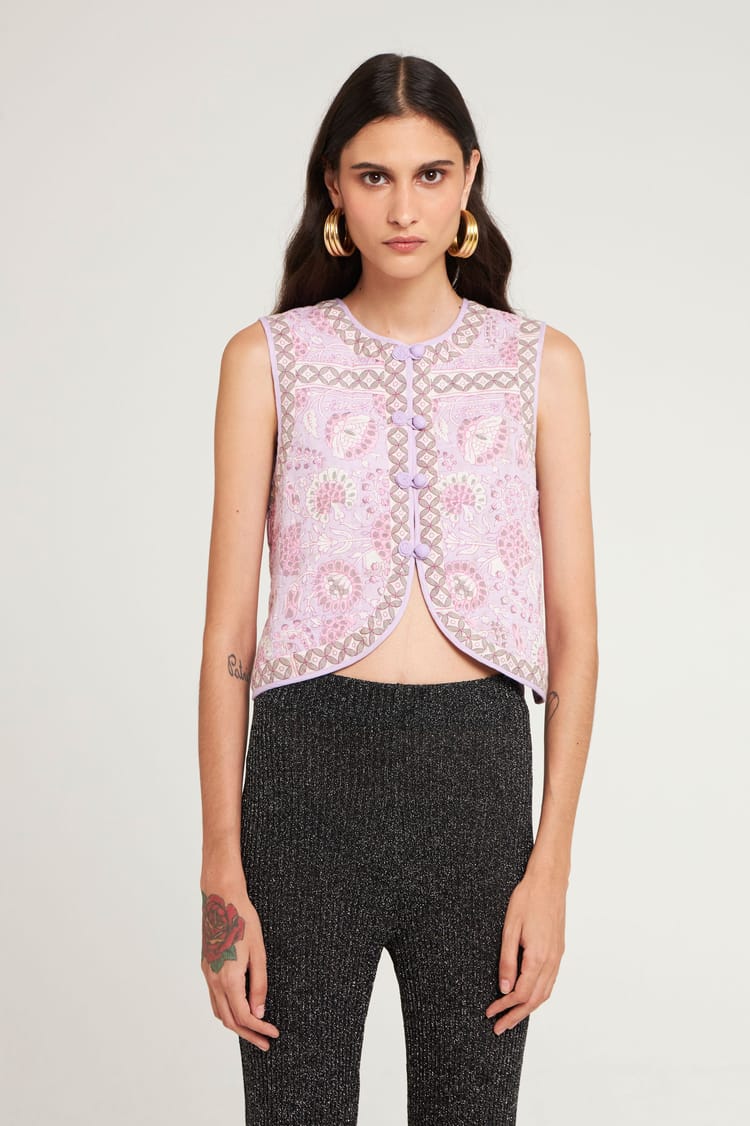 Antik Batik Gilet Court Sans Manches Violet En Voile De Coton