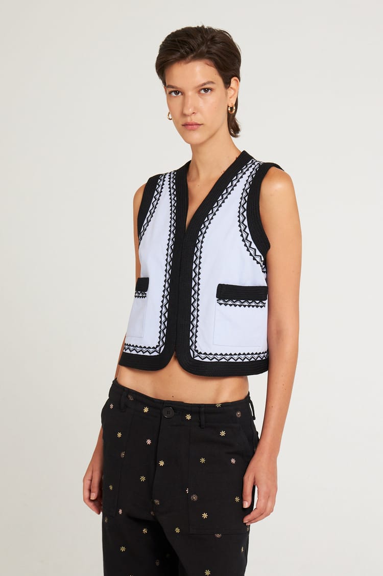 Antik Batik Gilet Doublé Sans Manches En Coton Bleu Ciel Avec Gallons