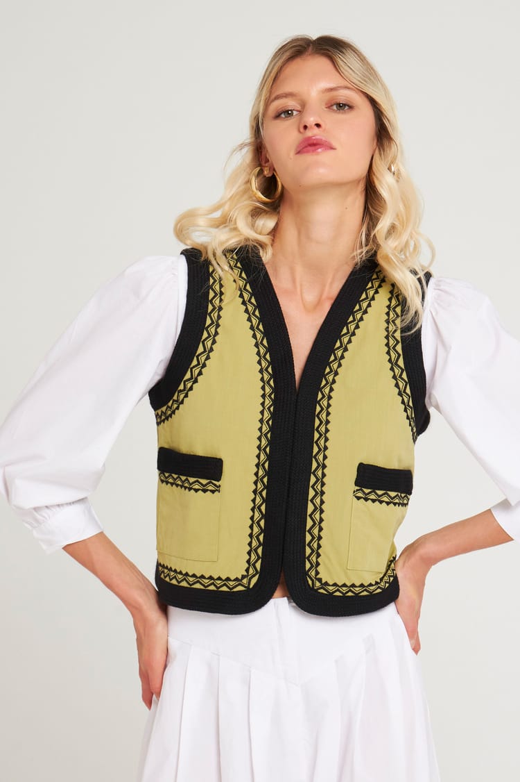 Antik Batik Gilet Doublé Sans Manches En Coton Vert Clair Avec Gallons
