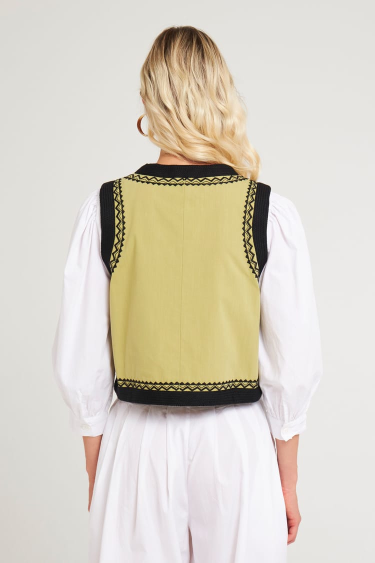 Antik Batik Gilet Doublé Sans Manches En Coton Vert Clair Avec Gallons