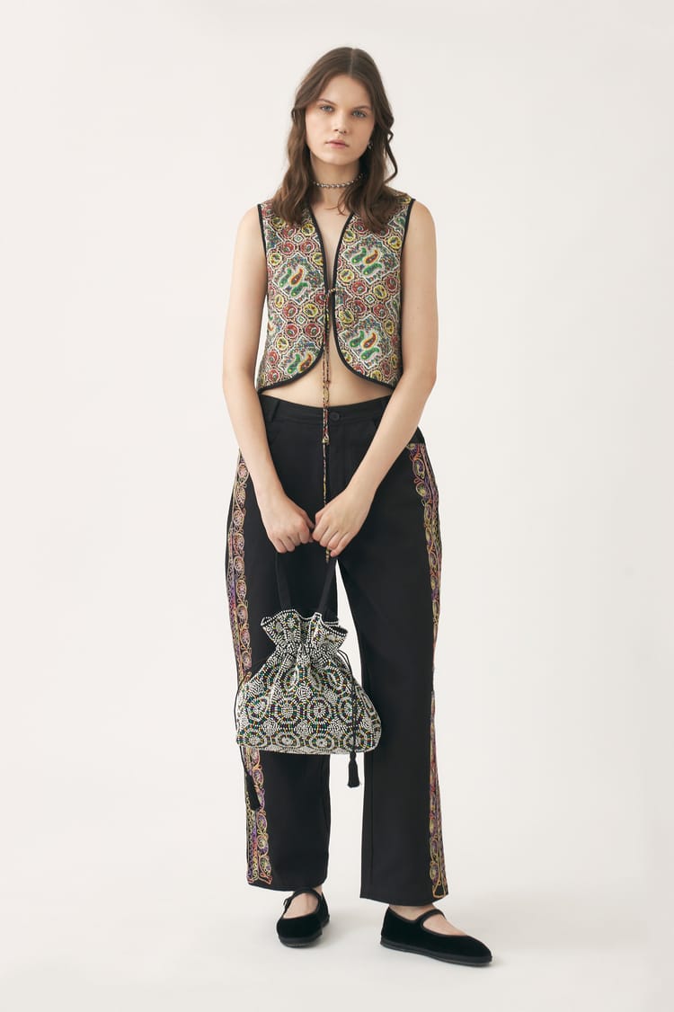 Antik Batik Gilet Kaki En Coton Quilté Imprimé Au Block Print