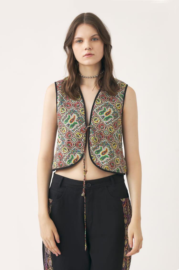 Antik Batik Gilet Kaki En Coton Quilté Imprimé Au Block Print