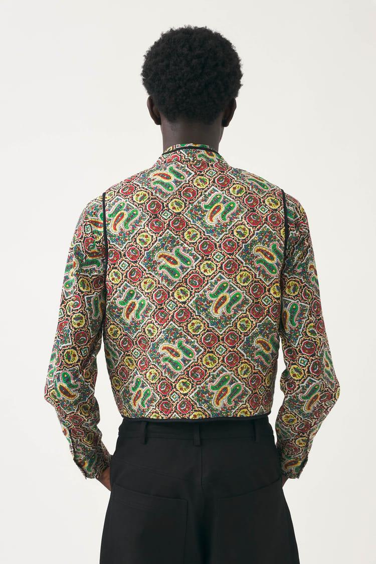 Antik Batik Gilet Kaki En Coton Quilté Imprimé Au Block Print