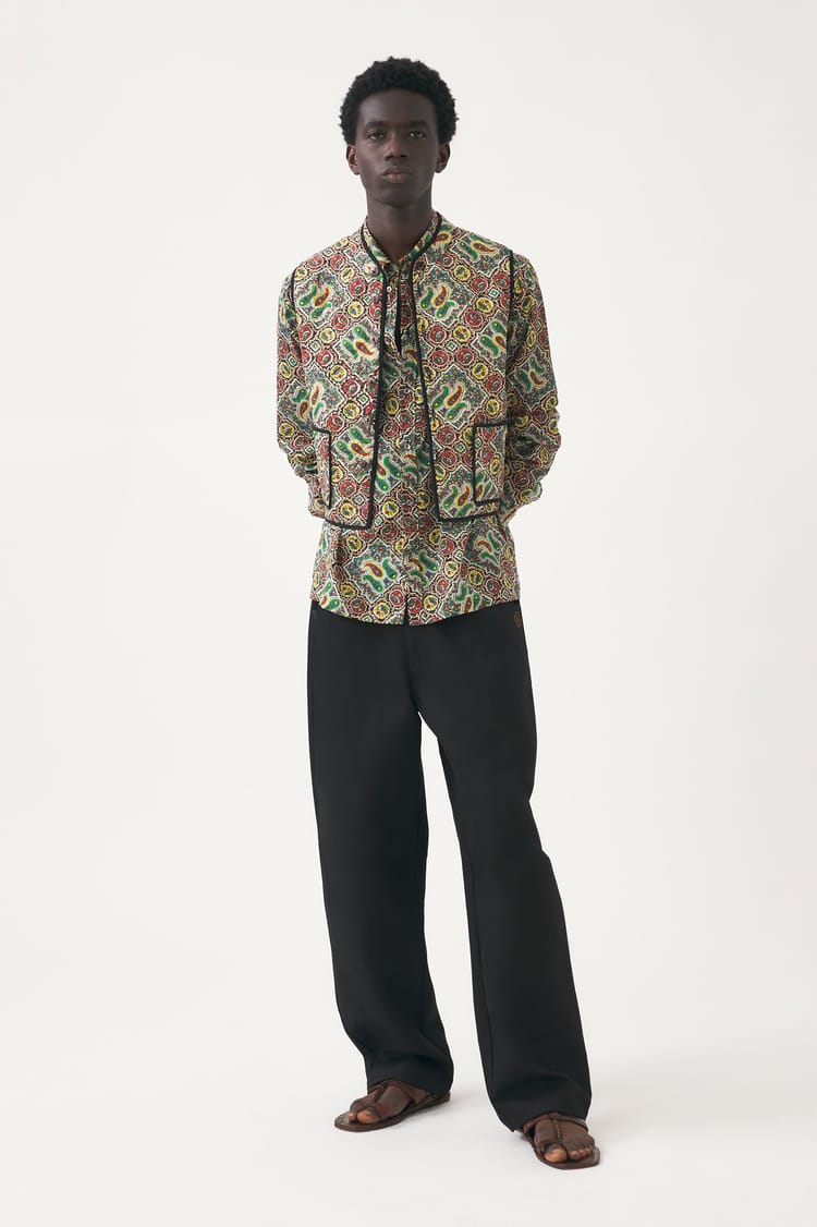 antik batik Gilet kaki en coton quilté imprimé au block print