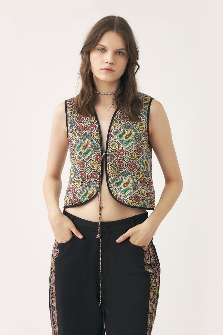 antik batik Gilet kaki en coton quilté imprimé au block print