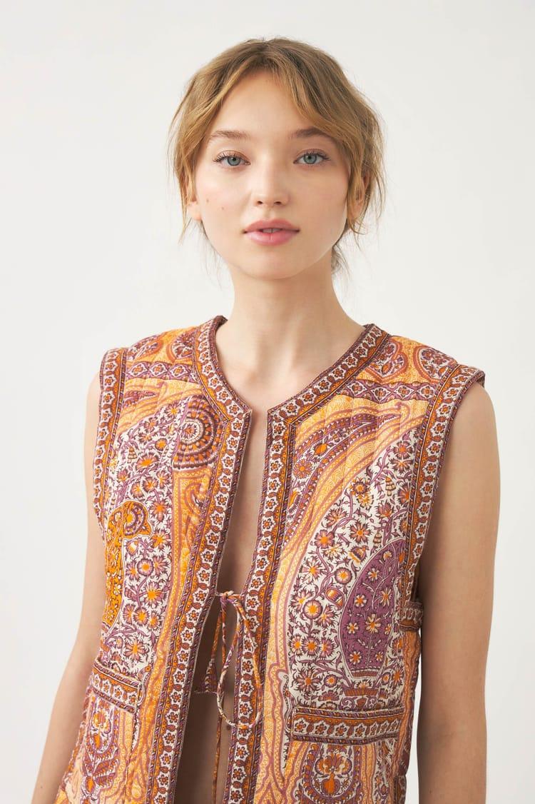 Antik Batik Gilet Matelassé Orange Imprimé Motif Cachemire