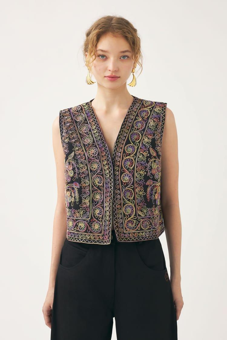Antik Batik Gilet Noir En Double Gaze De Coton Brodé De Fils Tie And Dye