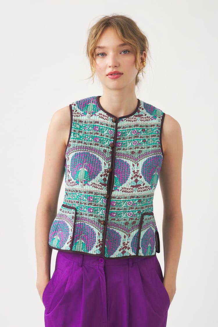 Antik Batik Gilet Sans Manches En Voile De Coton Avec Imprimé Paon