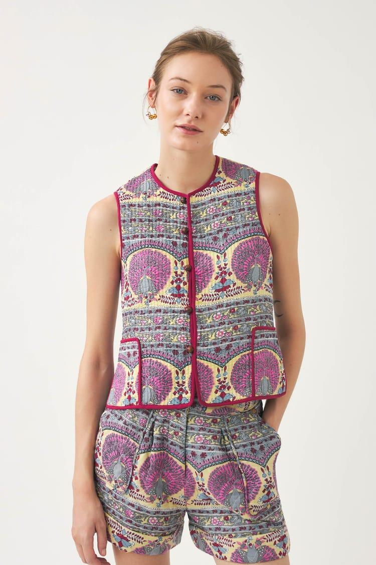 antik batik Gilet sans manches en voile de coton avec imprimé paon
