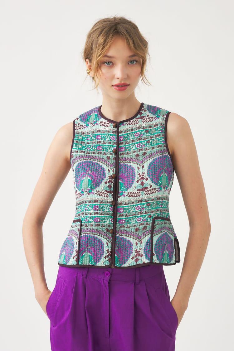 antik batik Gilet sans manches en voile de coton avec imprimé paon