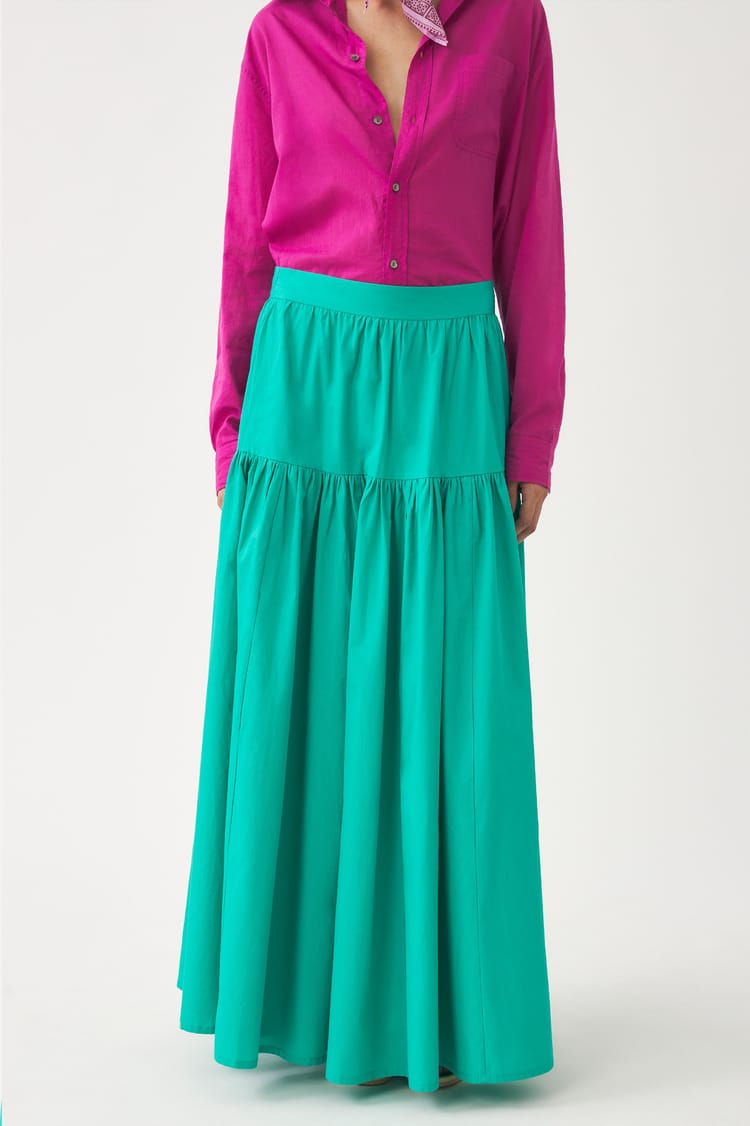 Antik Batik Jupe Bleu Turquoise En Popeline De Coton Taille Haute