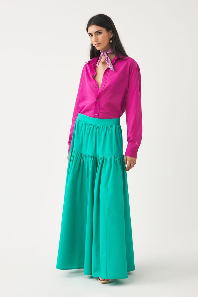 antik batik Jupe bleu turquoise en popeline de coton taille haute