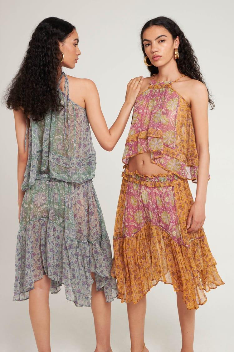 Antik Batik Jupe Bleue Asymétrique En Chiffon De Viscose Bohème Chic