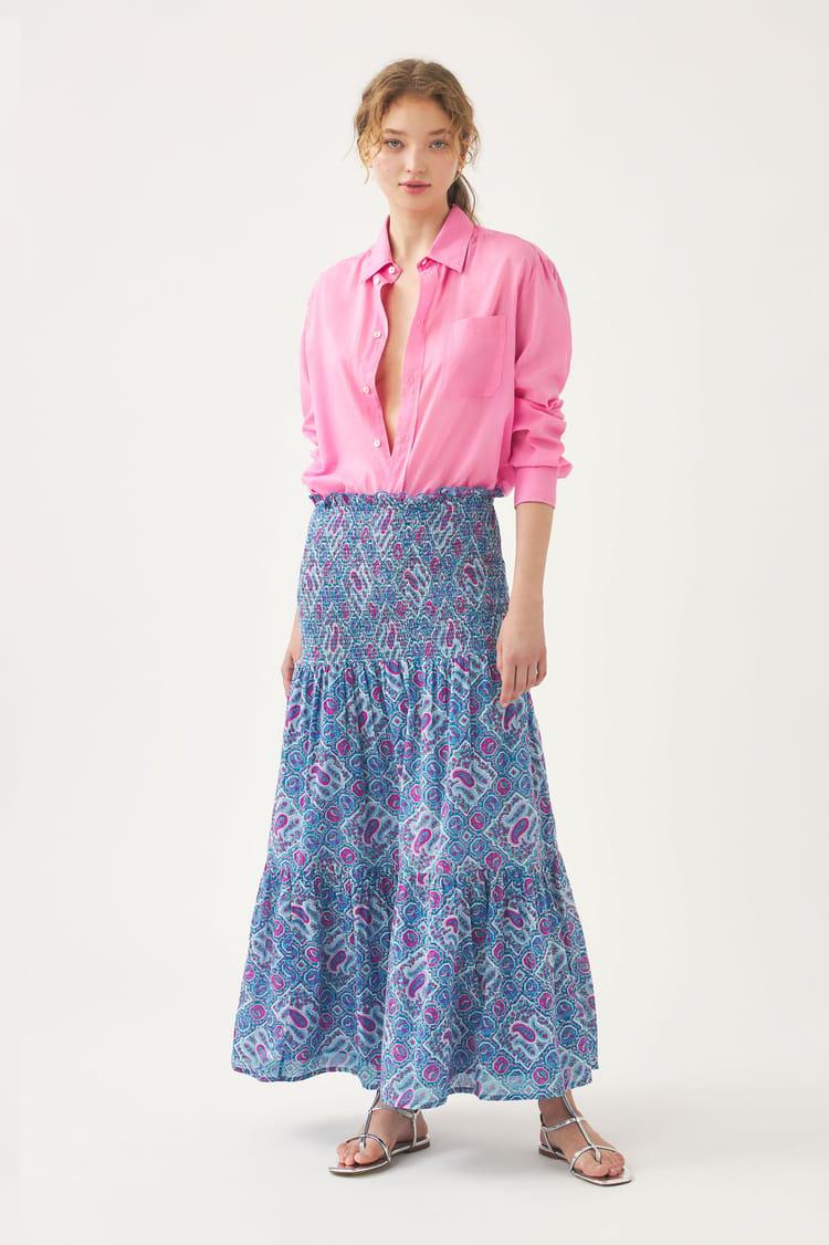 Antik Batik Jupe Bleue Voile De Coton Imprimé Au Block Print