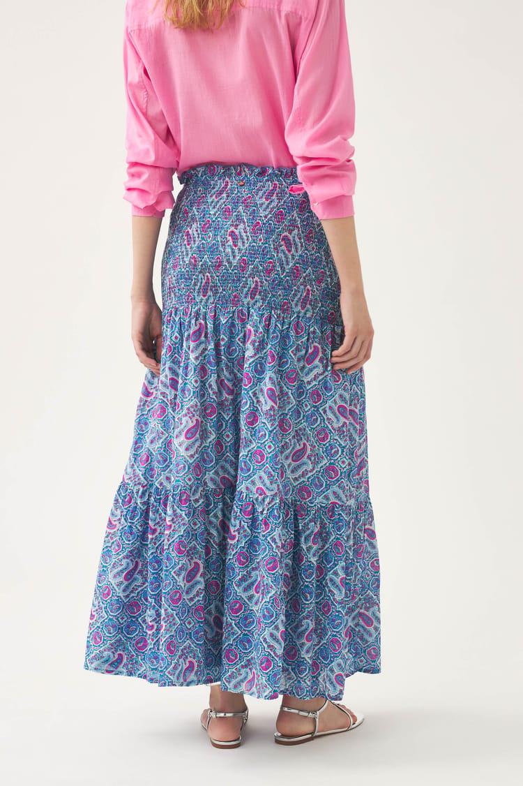 Antik Batik Jupe Bleue Voile De Coton Imprimé Au Block Print