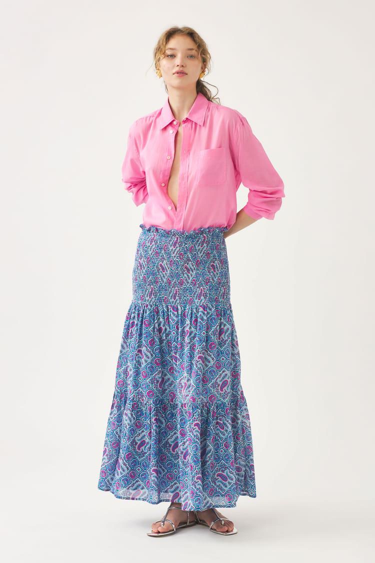 antik batik Jupe bleue voile de coton imprimé au block print