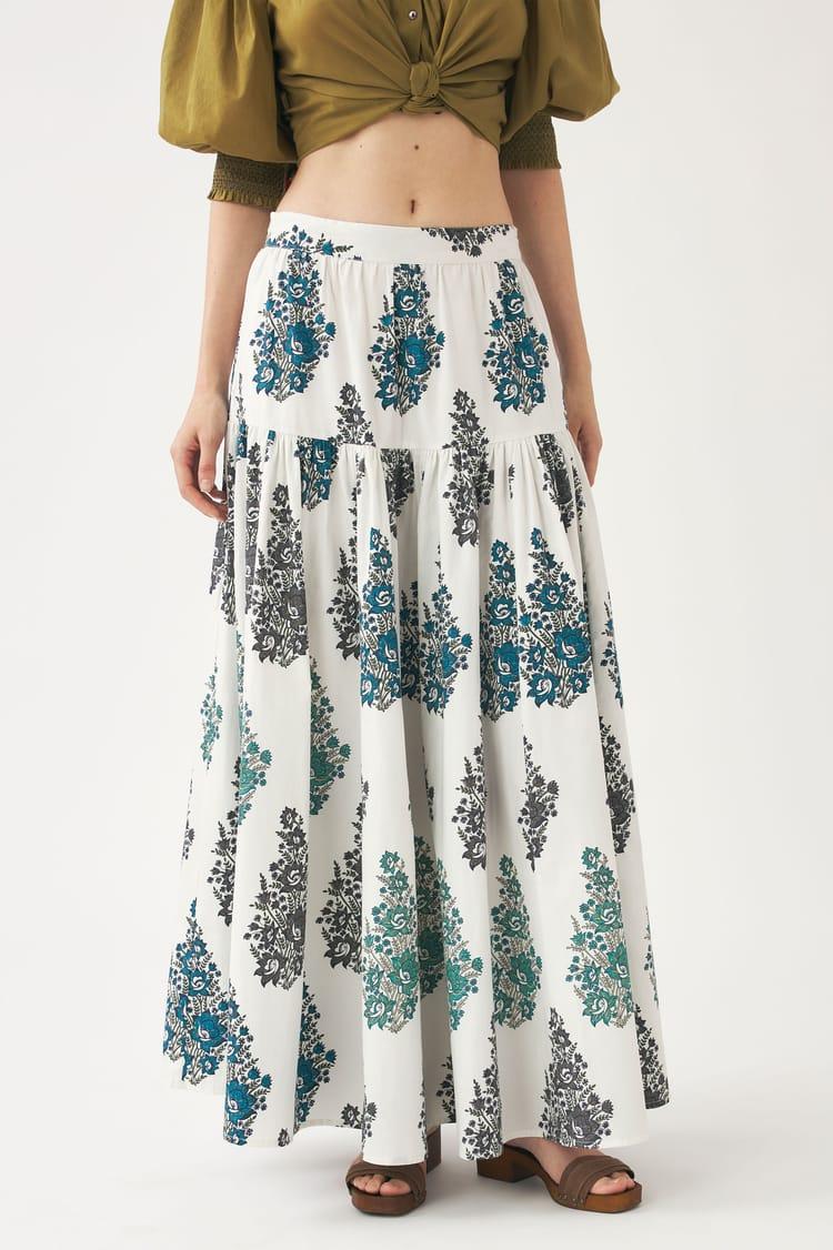 Antik Batik Jupe Longue Blanche Imprimée En Popeline De Coton