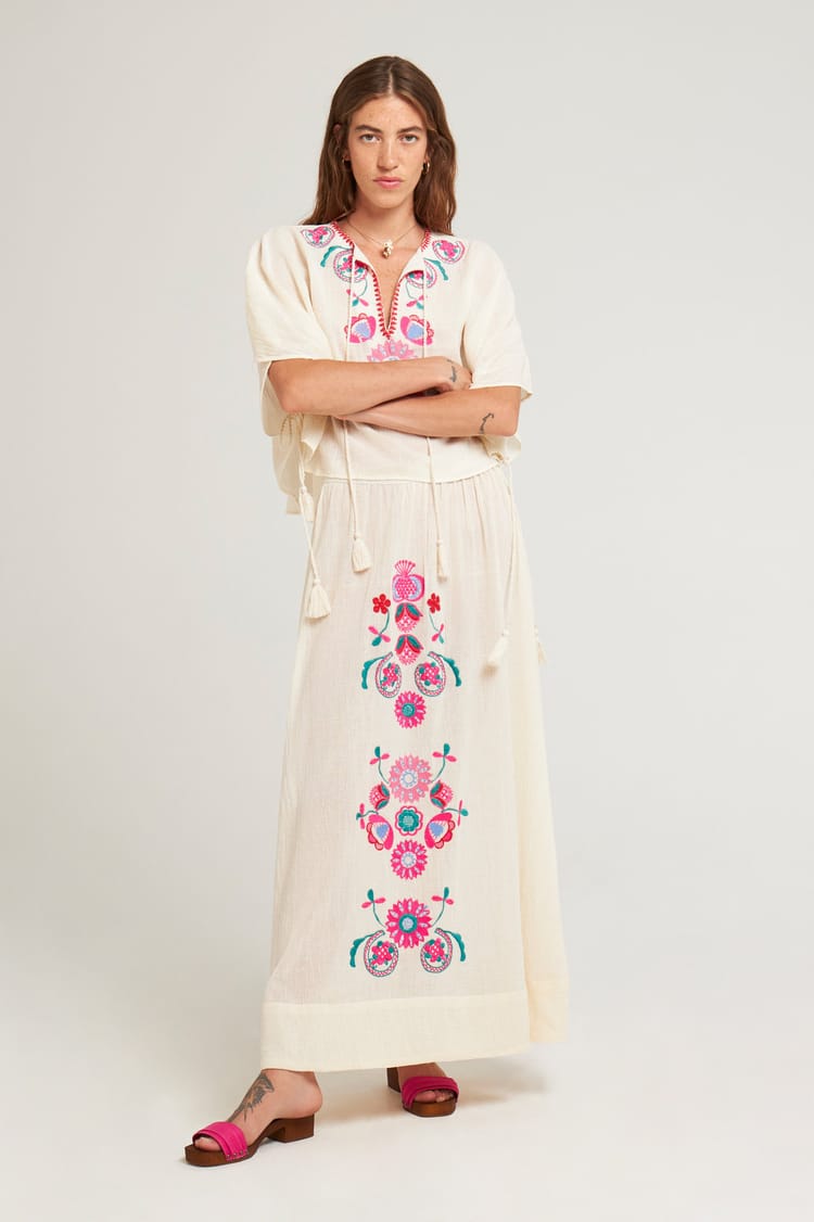 Antik Batik Jupe Longue Crème Brodée Bohème Chic Casual En Crêpe De Coton