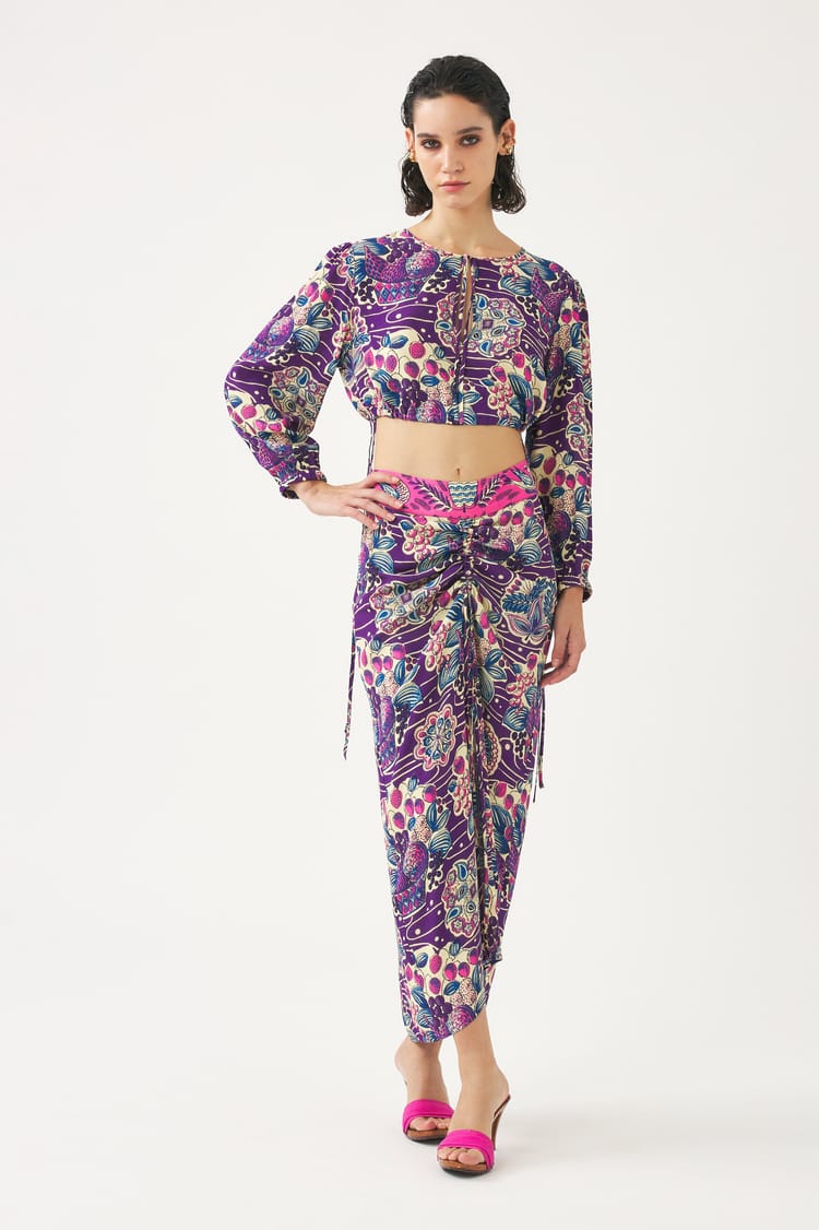 Antik Batik Jupe Longue En Crêpe De Viscose Imprimé Violet Et Rose