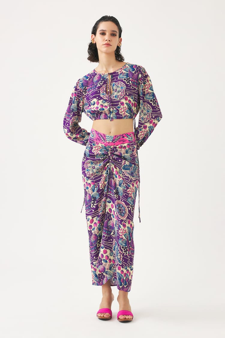 antik batik Jupe longue en crêpe de viscose imprimé violet et rose