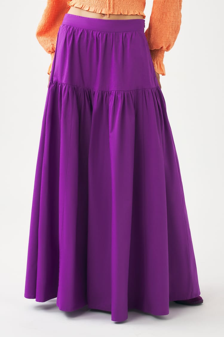 Antik Batik Jupe Rouge Violet En Popeline De Coton Taille Haute