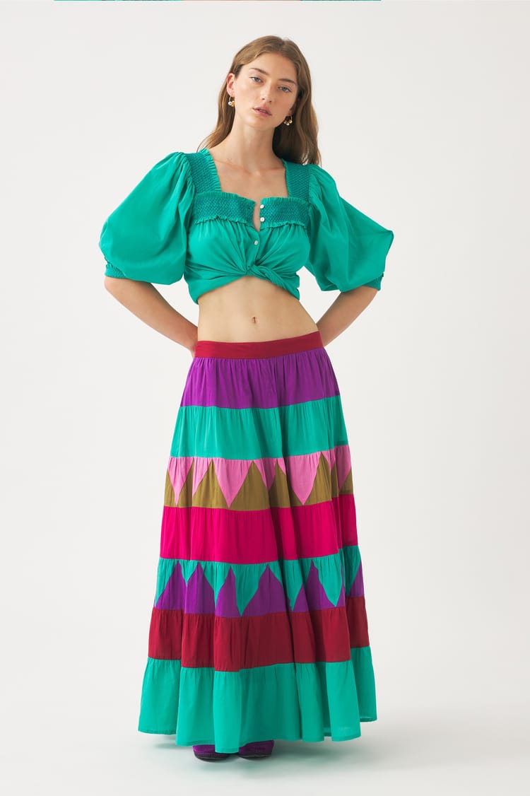 Antik Batik Longue Jupe Multicolore En Voile De Coton Patché