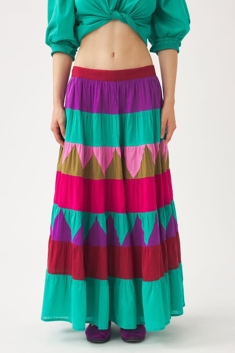 Antik Batik Longue Jupe Multicolore En Voile De Coton Patché