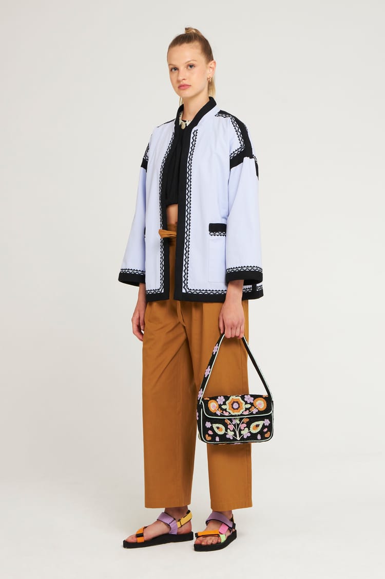 Antik Batik Manteau Doublé Large En Coton Bleu Ciel Avec Gallons