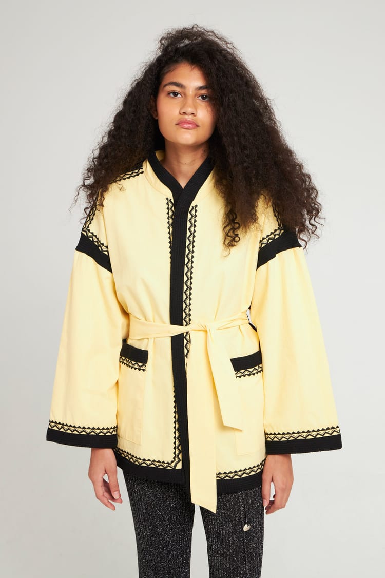 Antik Batik Manteau Doublé Large En Coton Jaune Avec Gallons