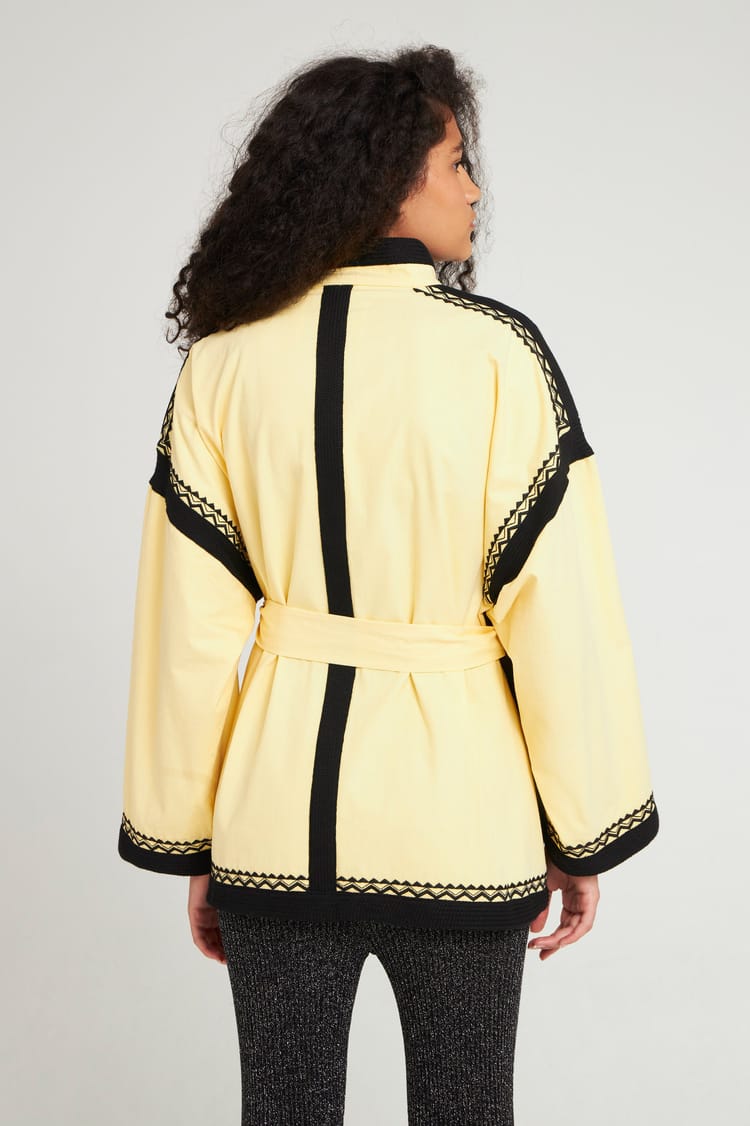 Antik Batik Manteau Doublé Large En Coton Jaune Avec Gallons