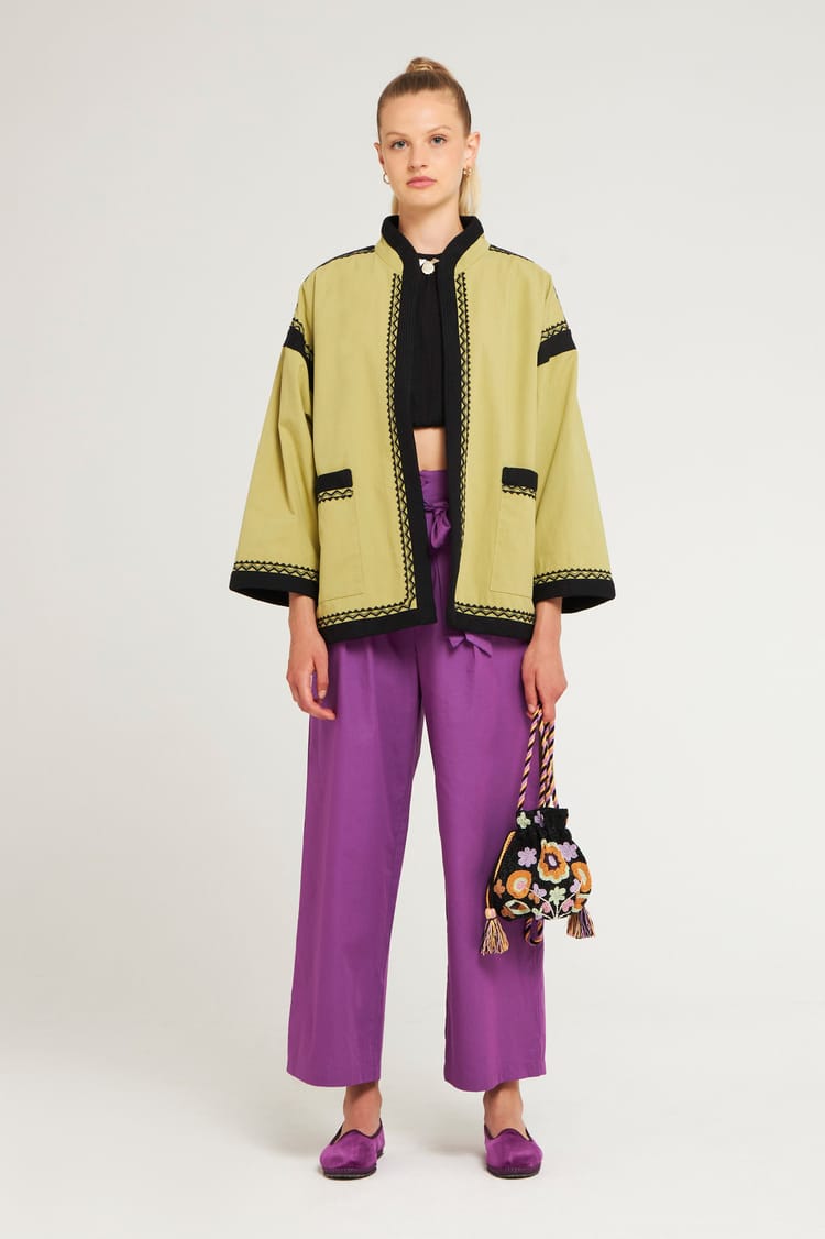 Antik Batik Manteau Doublé Large En Coton Kaki Avec Gallons