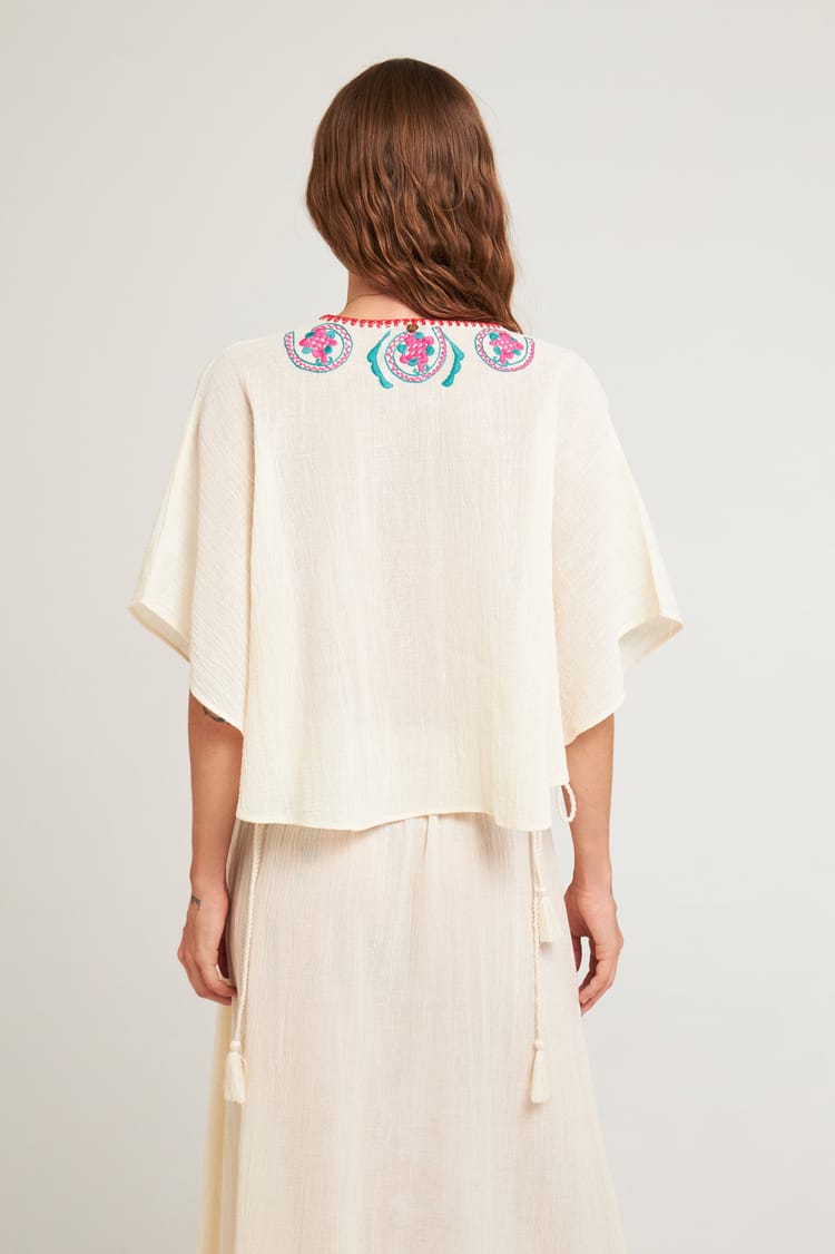 Antik Batik Mini Caftan Crème Brodé En Crêpe De Coton