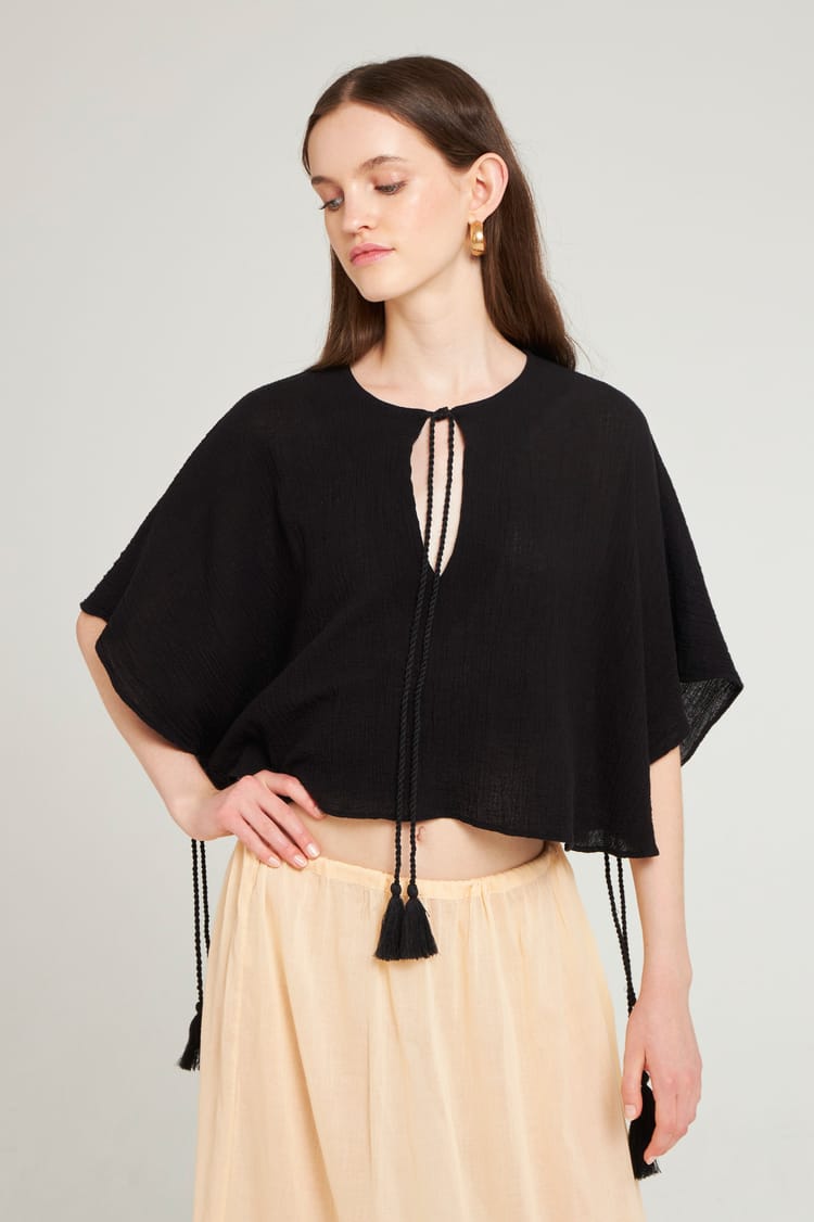 Antik Batik Mini Caftan Fluide Noire En Crêpe De Coton