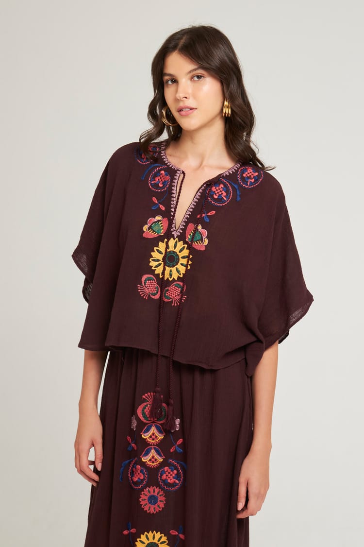 Antik Batik Mini Caftan Marron Brodé En Crêpe De Coton