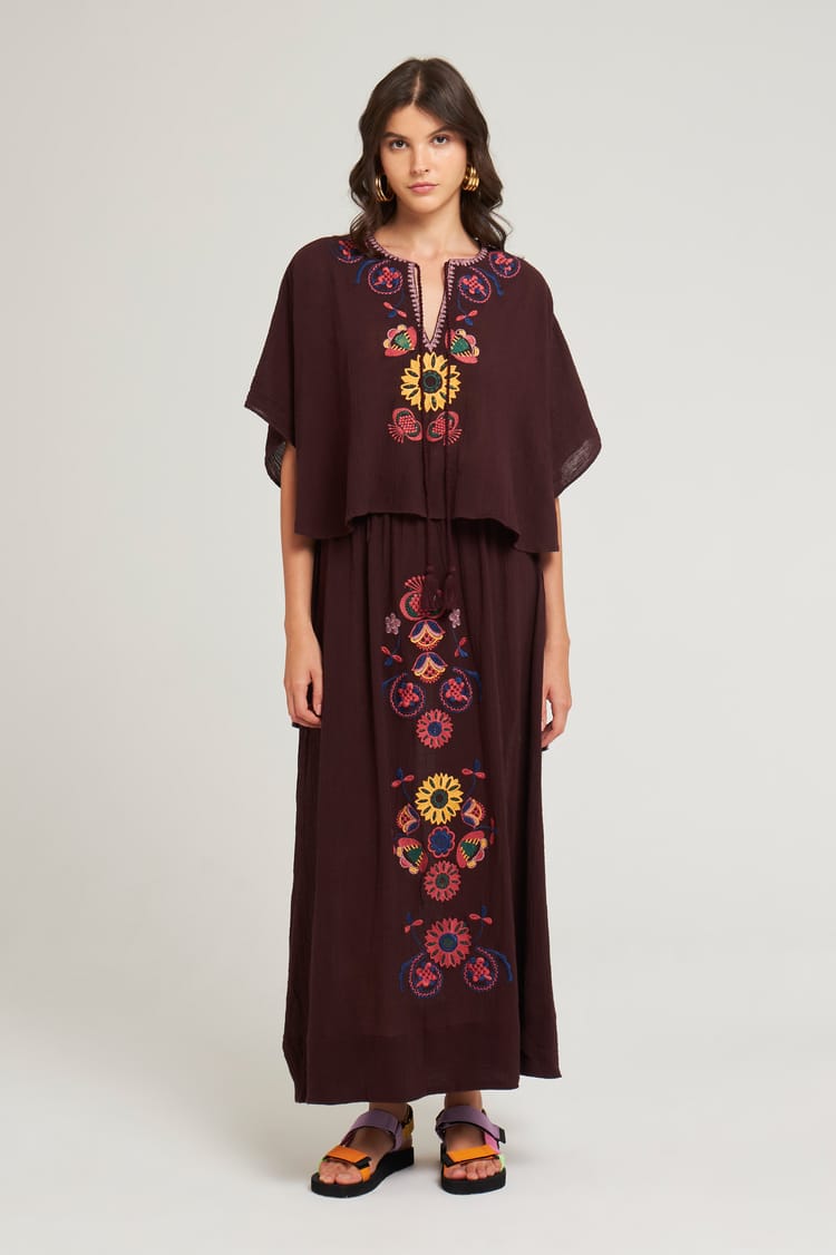 Antik Batik Mini Caftan Marron Brodé En Crêpe De Coton