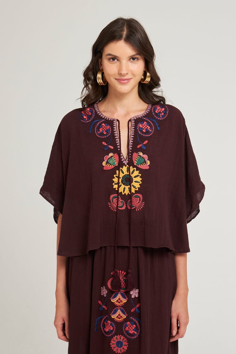 antik batik Mini caftan marron brodé en crêpe de Coton