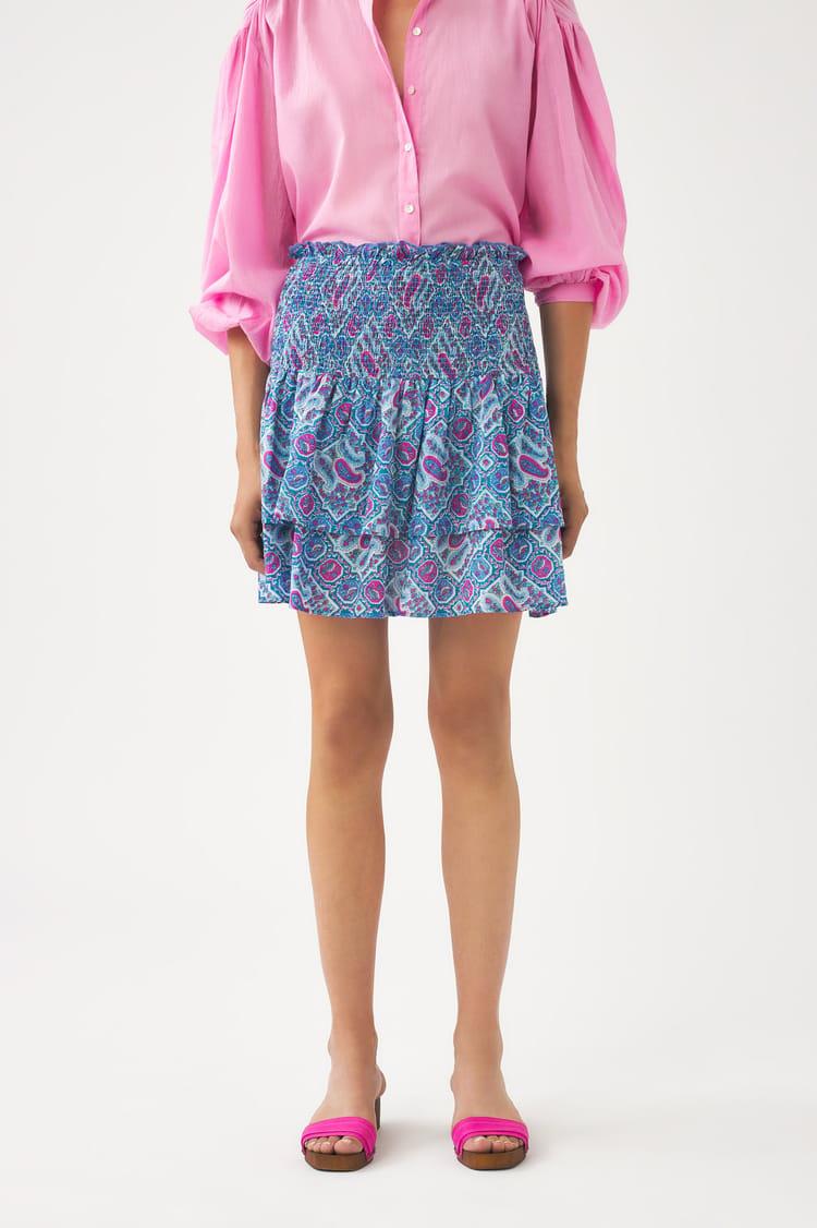 Antik Batik Mini-jupe Bleue Voile De Coton Imprimé Au Block Print