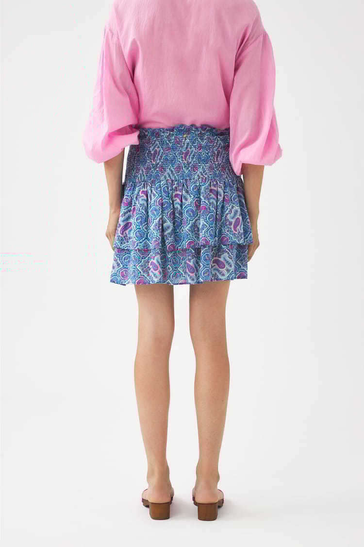 Antik Batik Mini-jupe Bleue Voile De Coton Imprimé Au Block Print