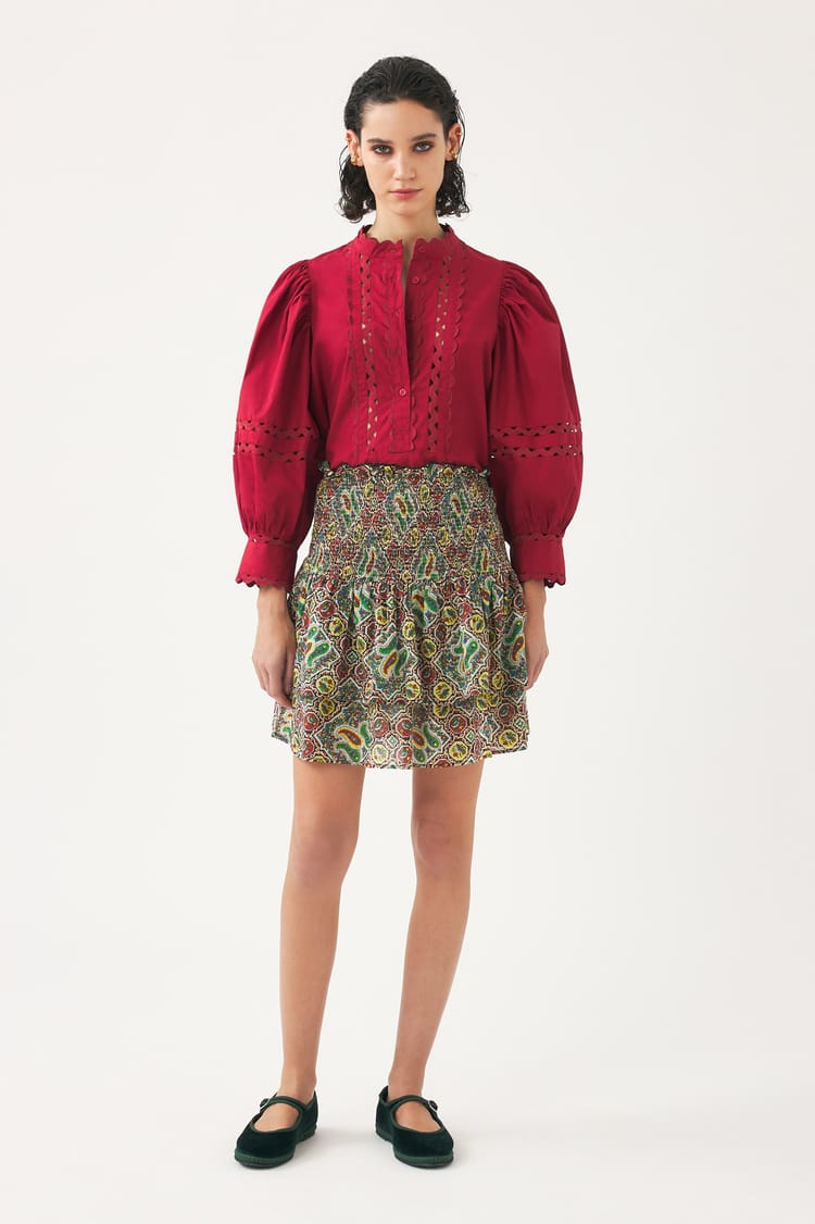 antik batik Mini-jupe kaki voile de coton imprimé au block print