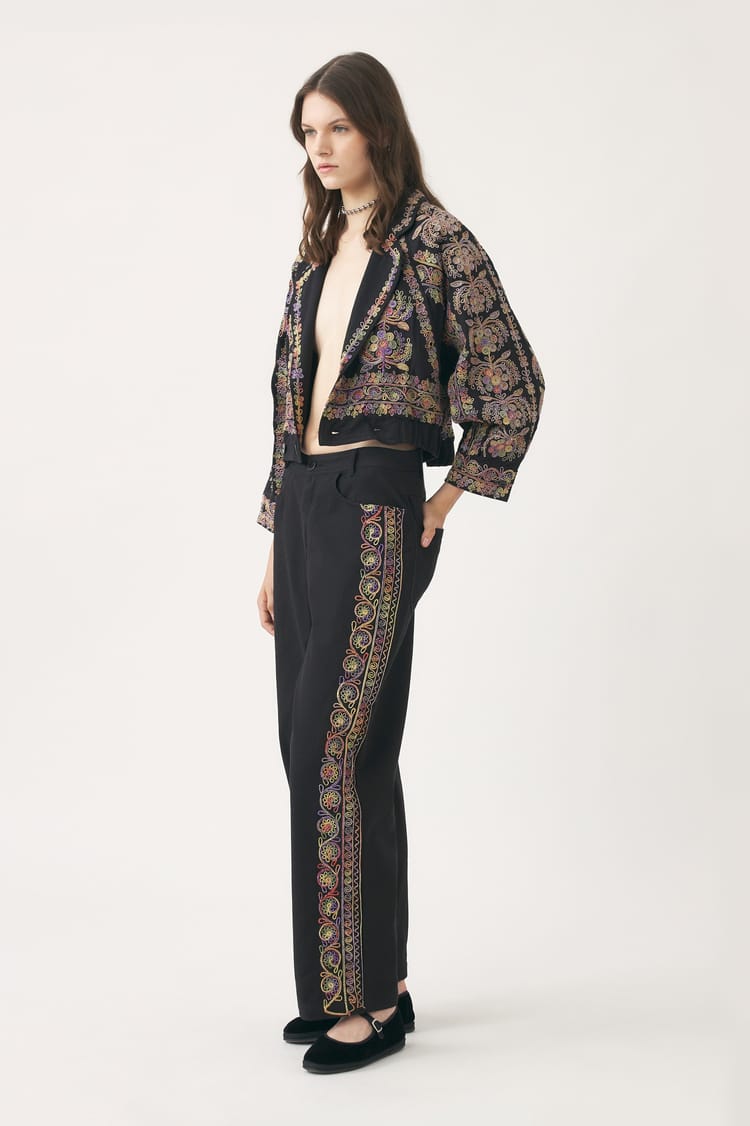 Antik Batik Pantalon Blanc En Double Gaze De Coton Brodé De Fils Tie And Dye