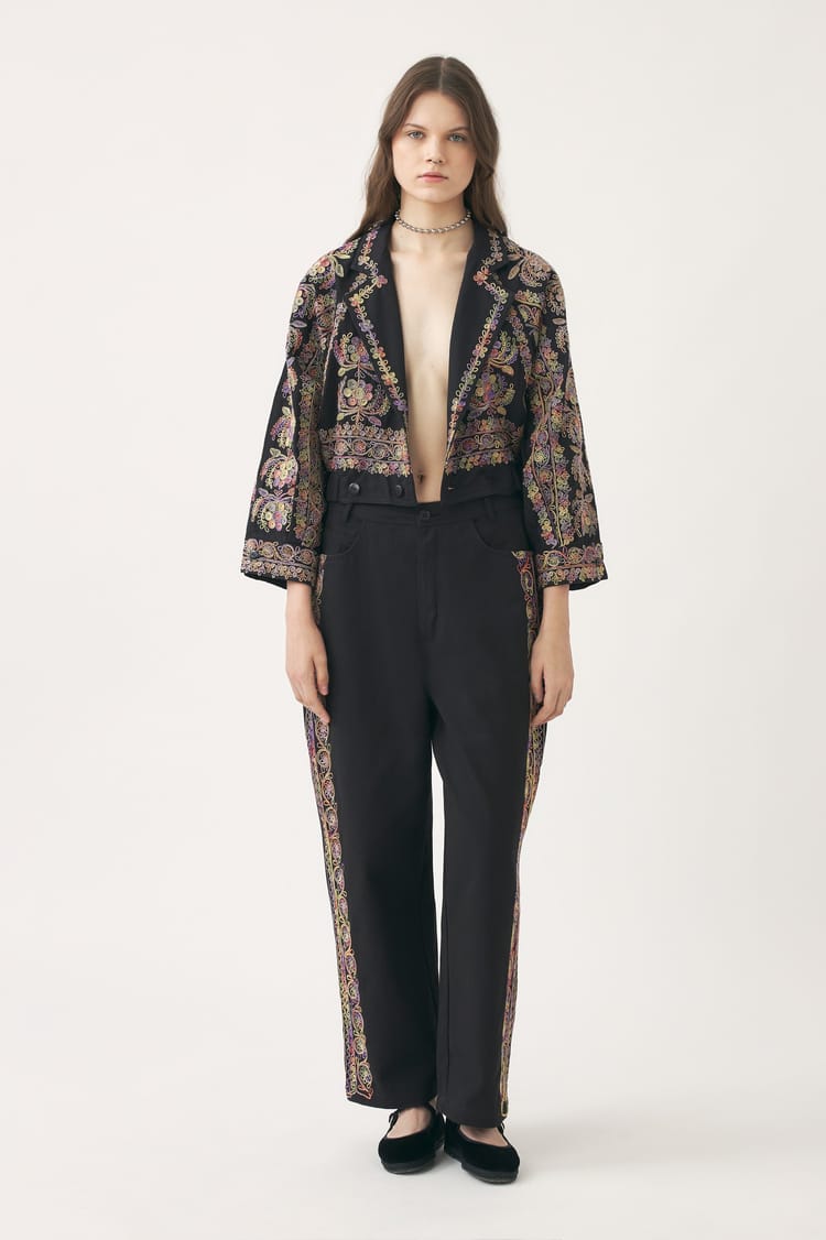 antik batik Pantalon blanc en double gaze de coton brodé de fils tie and dye