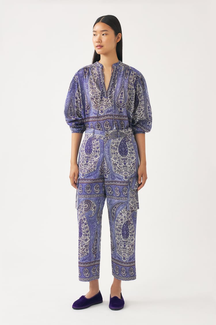 Antik Batik Pantalon Bleu Matelassé En Jacquard De Coton