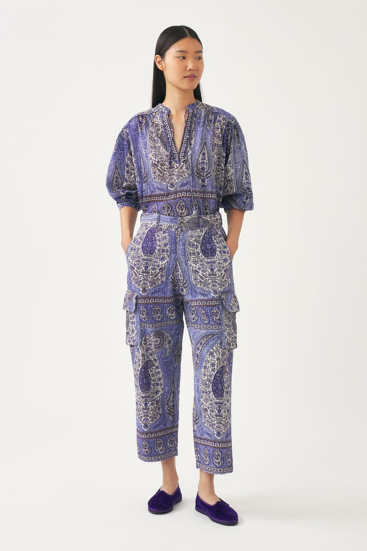 Antik Batik Pantalon Bleu Matelassé En Jacquard De Coton